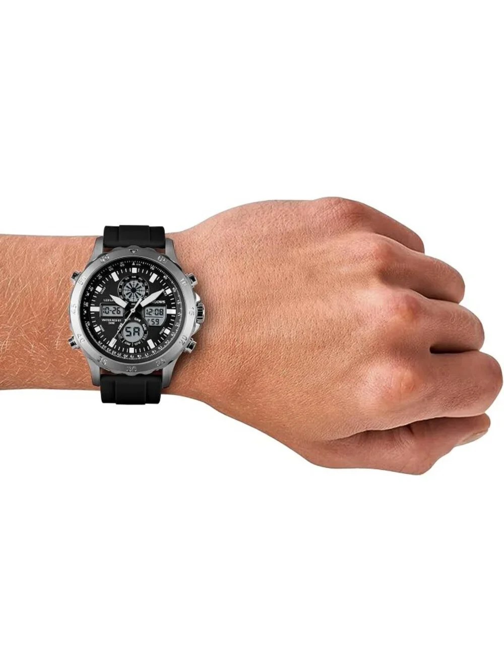 Men's Silver Analog Quartz Waterproof Military Multifunctional LED Digital Watch